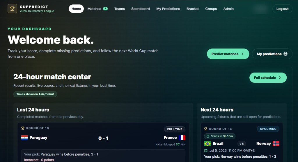 CUPPREDICT home dashboard with match center and prediction status