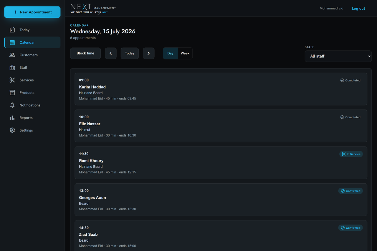 NEXT admin calendar with day and week views, staff filter, and block time