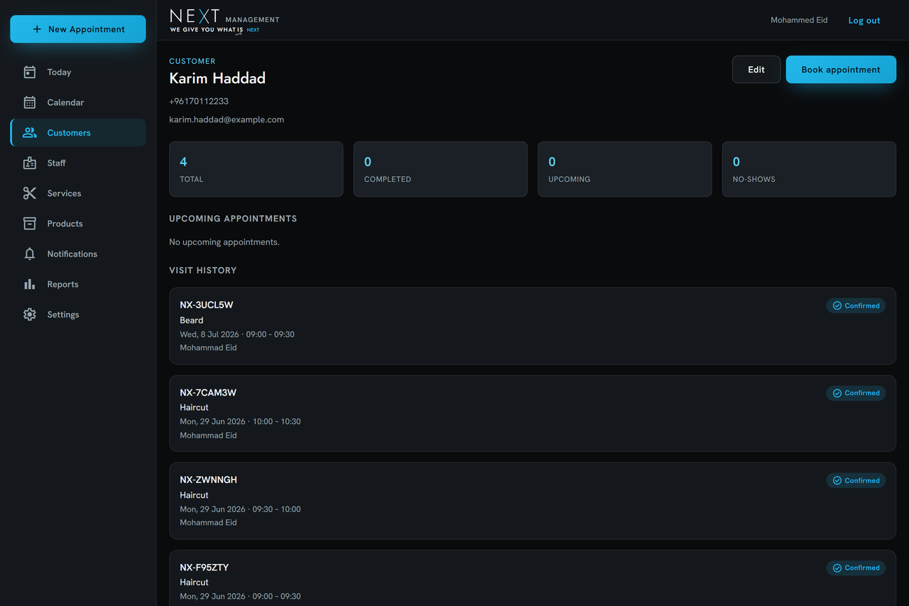 NEXT admin customer profile with totals and full visit history