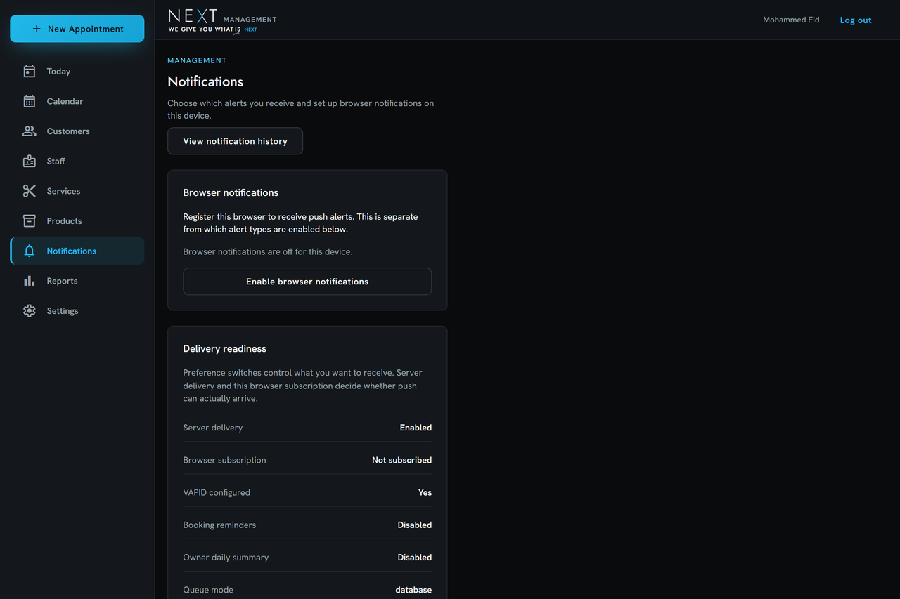 NEXT admin notification settings with browser push alerts