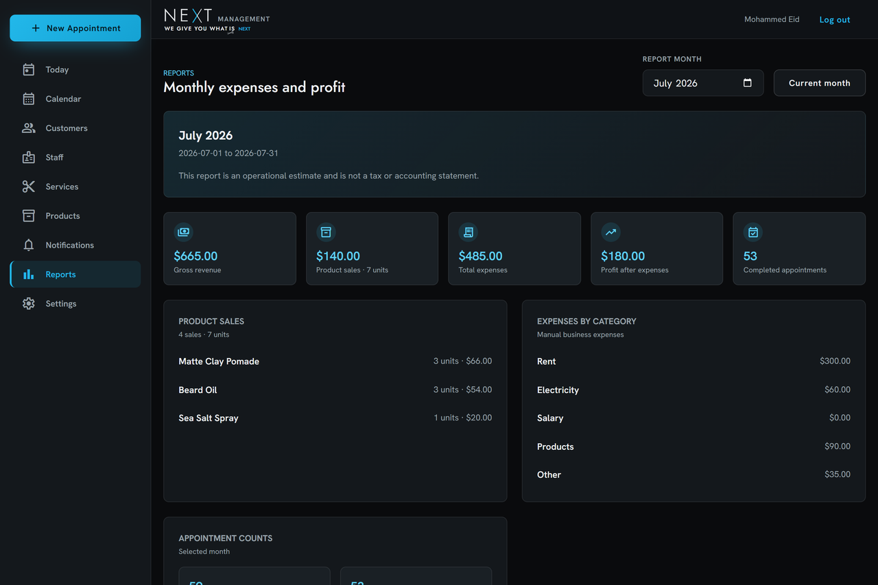 NEXT admin monthly report with revenue, product sales, expenses, and profit
