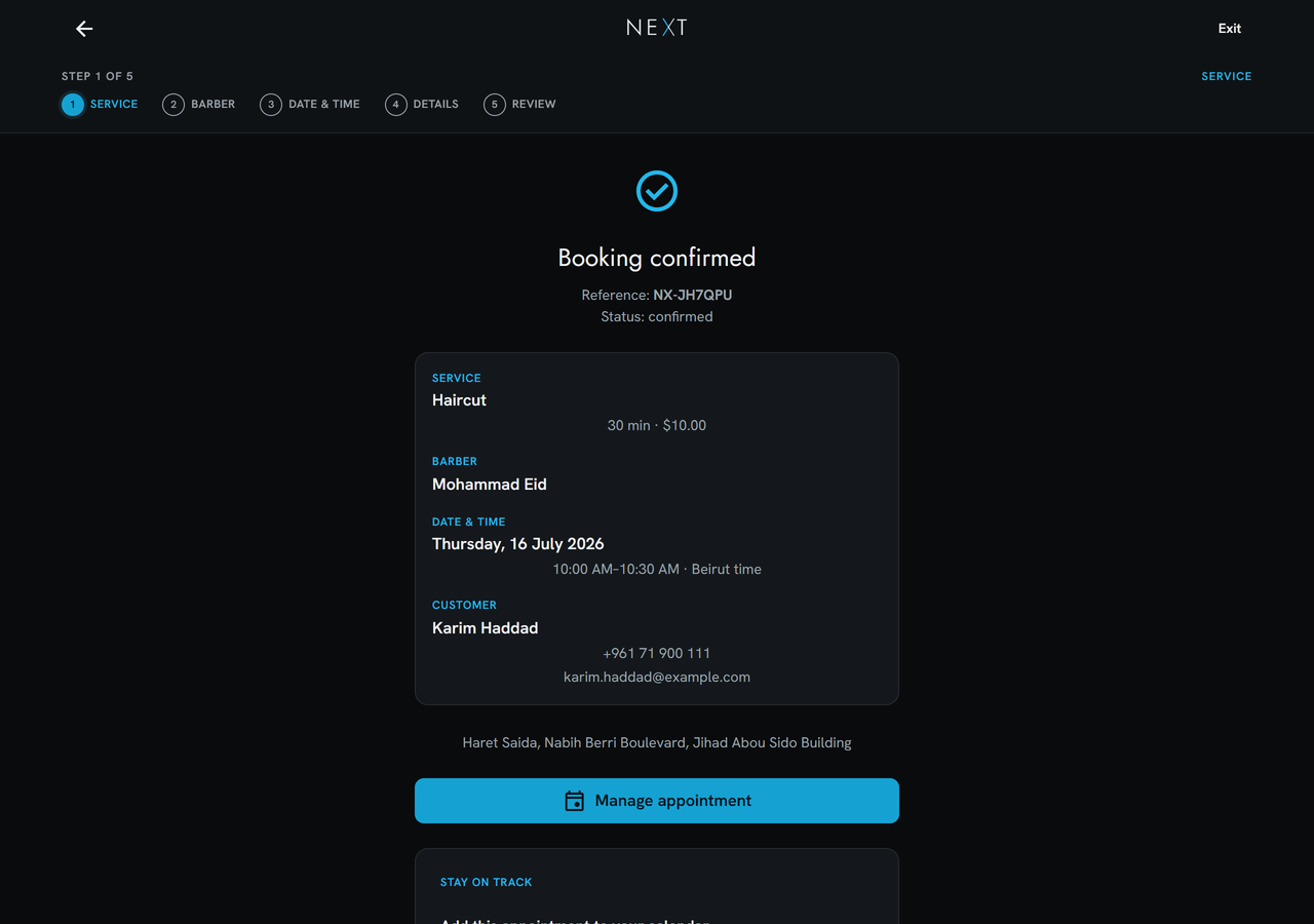 NEXT booking confirmation screen