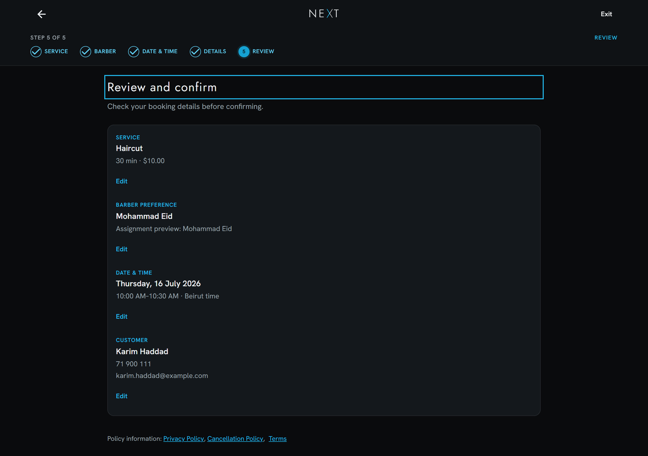 NEXT booking step 5: review screen with service, barber, time, and customer details