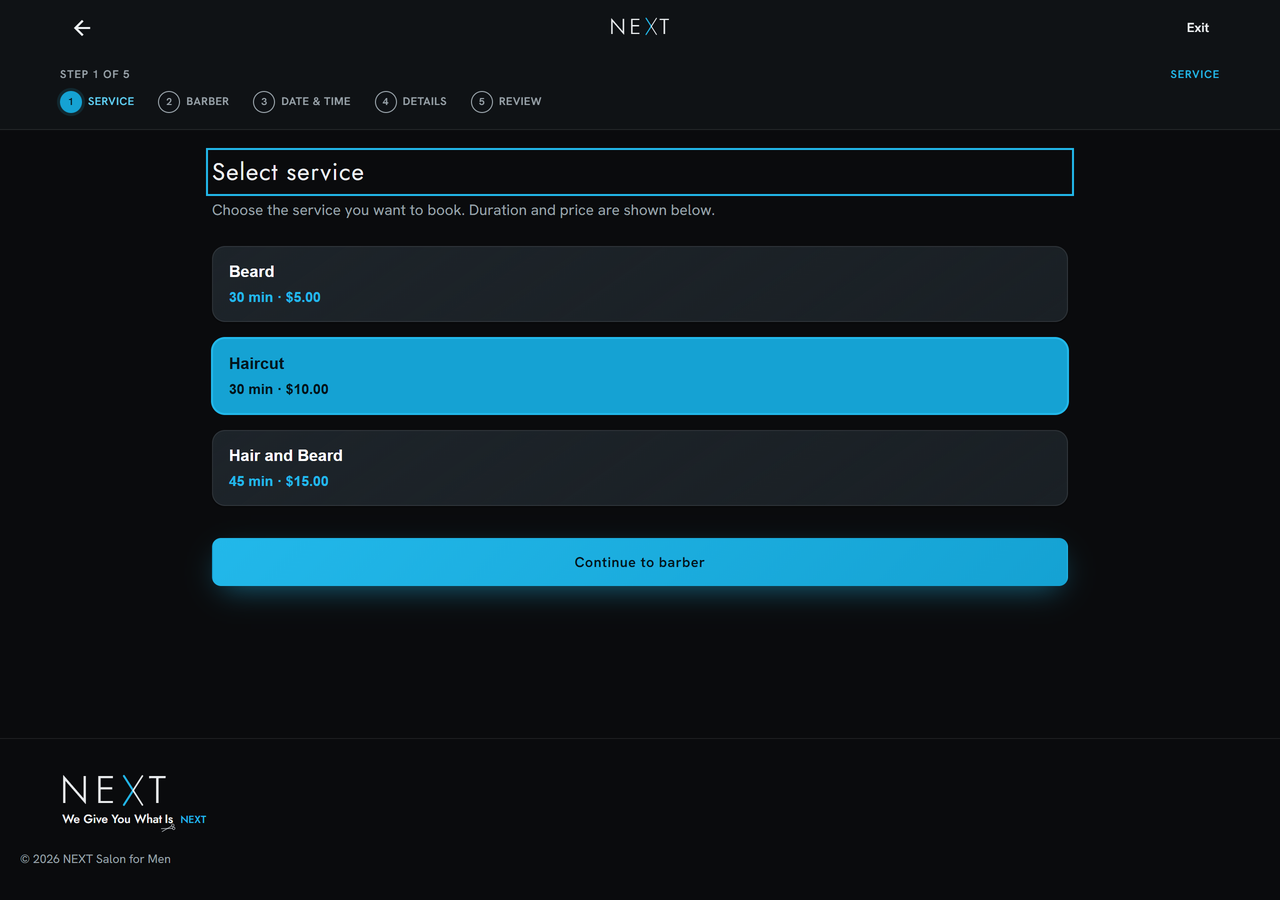 NEXT booking step 1: selecting a service with duration and price