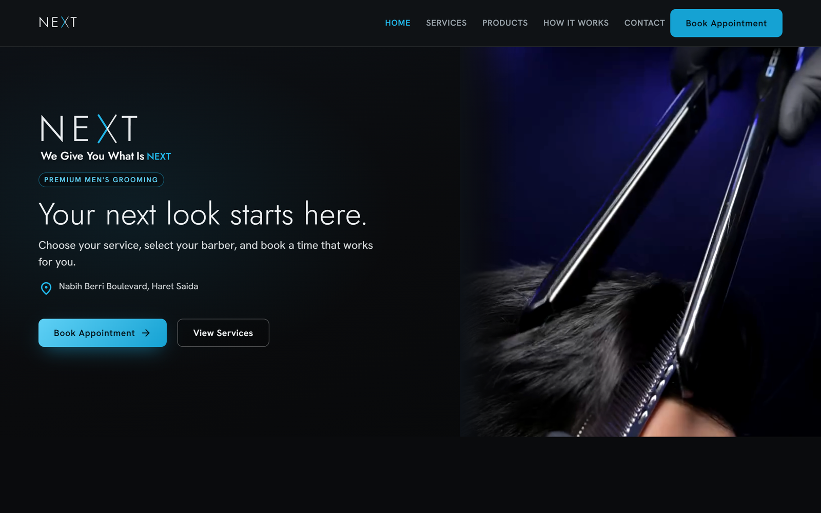 NEXT barbershop homepage with online appointment booking