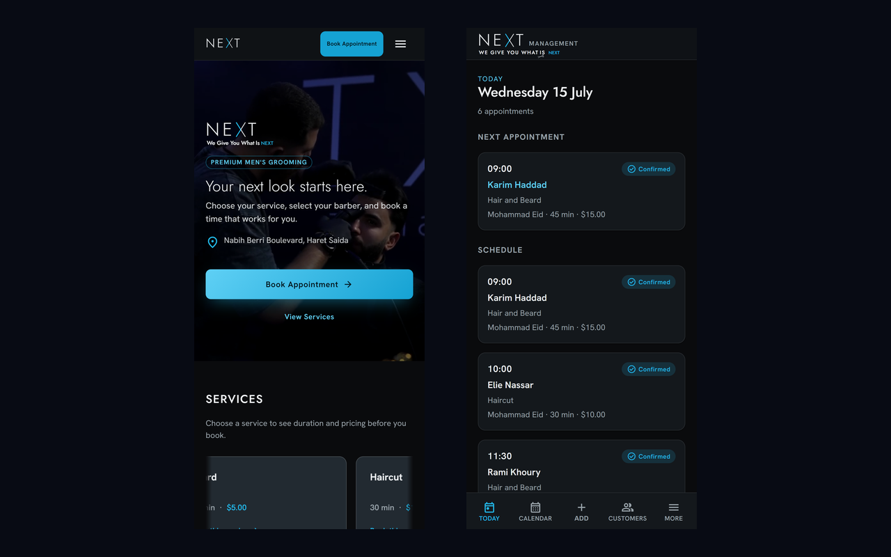 NEXT public site and admin dashboard running on a phone