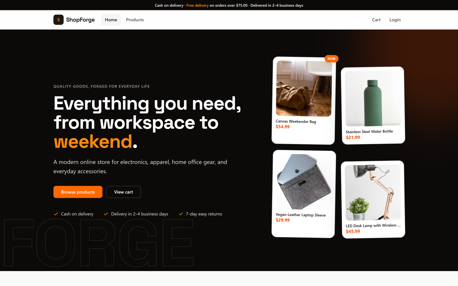 ShopForge storefront home with featured products and delivery promises